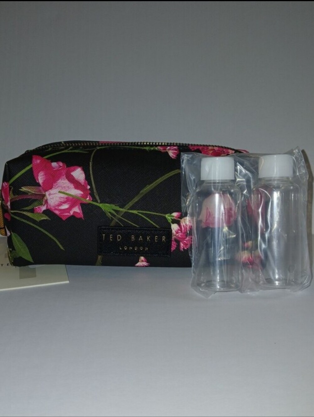 Ted Baker Cosmetic Loaf Bag & 2 Travel Bottles, Scattered Bouquet Black & Pink